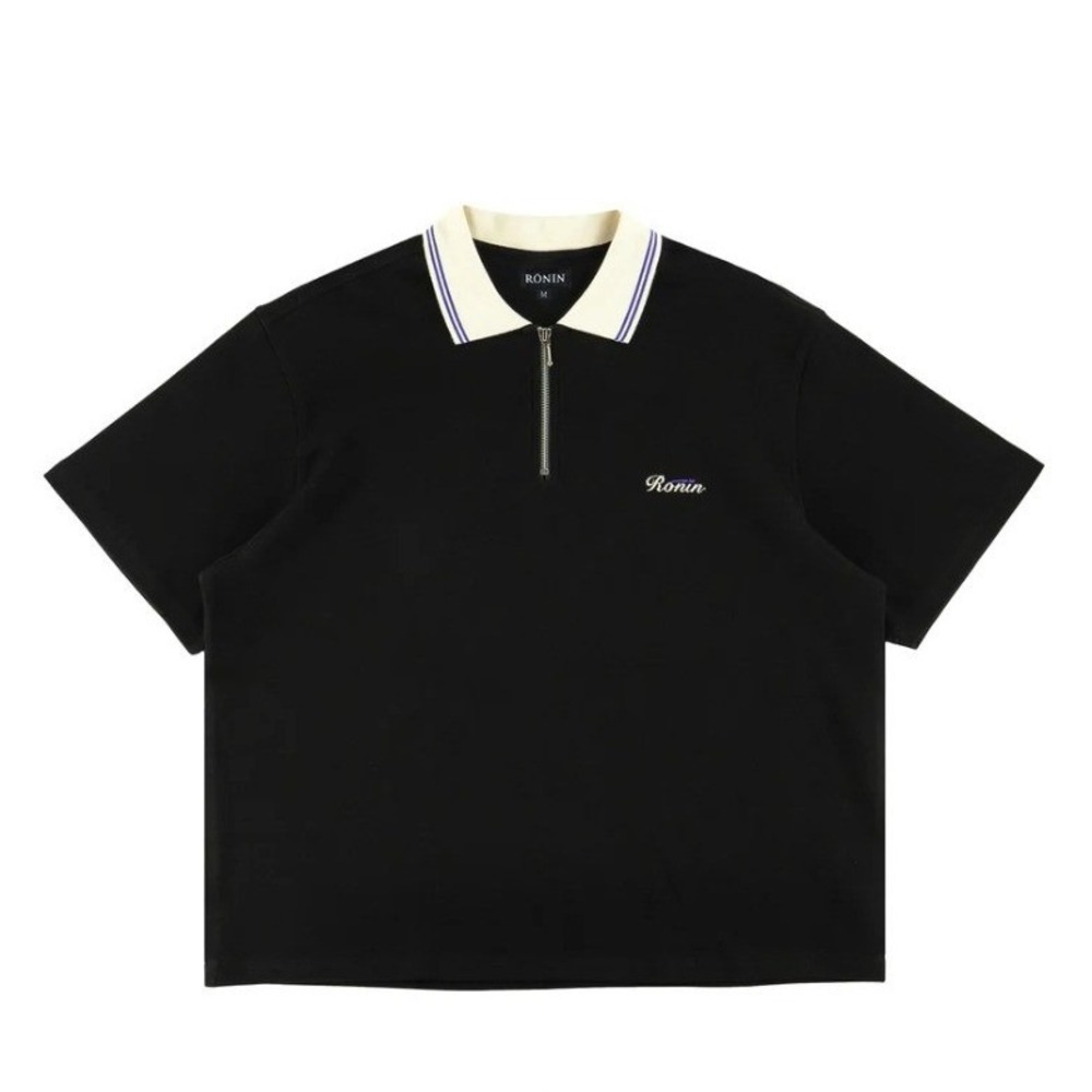 Ronin Division Script Polo Top Black Quarter Zip Cotton Pique Mens Medium